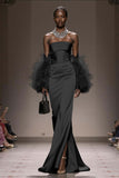Strapless Mermaid Satin Silver Gala Dress (Without Feathers)