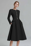 Ivory A-Line Round Neck Tweed Long Sleeve Work Dress