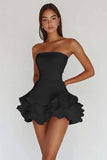 White Strapless A Line Tiered Satin Graduation Dress