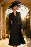 Peaked Lapel Dark Green A-Line Midi Work Dress
