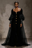 Burgundy Velvet Long Sleeve Evening Dress with Overlay