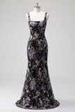 Pink Floral Sequin Square Neck Mermaid Maxi Prom Dress