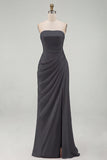 Light Pink Strapless Ruched Sheath Prom Dress with Slit