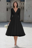 Ivory V-Neck A-Line Satin Engagement Dress With 3/4 Sleeves