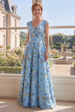 Green Cap Sleeve A Line Floral V Neck Mother of the Bride Dress