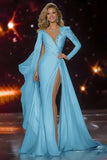 White Appliqued V-Neck Mermaid Pageant Dress With High Slit