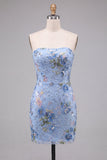 Strapless Sequins Pink Floral Bodycon Homecoming Dress