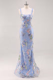 Pink Floral Sequin Square Neck Mermaid Maxi Prom Dress