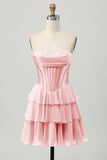 Blue Corset Strapless Tiered A Line Homecoming Dress