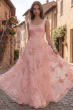 Yellow A Line Square Neck Prom Dress with Pearls
