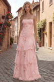 Tiered Appliqued Yellow Maxi Prom Dress