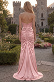 Strapless Burgundy Mermaid Satin Ruched Maxi Prom Dress