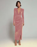 Olive Ruched Sheath Long Sleeve Velvet Formal Dress with Slit