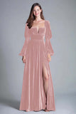 Burgundy A-Line Long Sleeve Velvet Holiday Party Dress With Slit