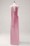 Sage Sheath Spaghetti Straps Slit Bridesmaid Dress with Ribbon