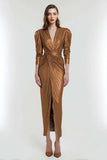 Sheath V-Neck Ruched Light Gold Formal Dress With Slit