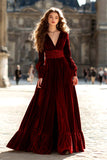 Velvet A-Line Brown V-Neck Maxi Formal Dress With Slit