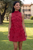 Floral Blue High Neck A-Line Homecoming Dress