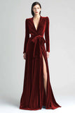 Dark Green Velvet Long Sleeve Formal Dress With Slit