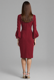 Navy V-Neck Sheath Midi Dress with 3/4 Sleeves