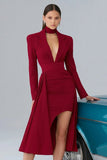 Black Notched Lapel Long Sleeve Semi-Formal Dress With Slit