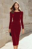 Pencil Velvet Long Sleeve Dark Green Work Dress
