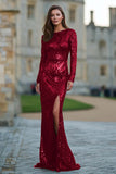 Dark Green Sequin Mermaid Long Sleeve Formal Dress With Slit