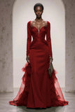 Dark Green Satin Mermaid Evening Dress With Long Sleeves