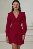 Ivory V-Neck Long Sleeve Pleated A-Line Work Dress
