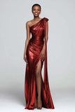 Metallic Ruched Brown One Shoulder Maxi Dress With Slit