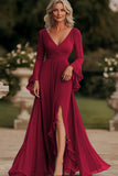 Dark Grey Wrap Long Sleeve Ruffled Chiffon Long Mother of the Bride Dress