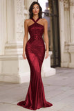 Gold Halter Pleated Mermaid Gala Dress With Sequins
