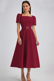 A Line Sky Blue Square Neck Midi Work Dress with Belt