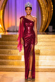 Sparkly Dark Green Sheath One Shoulder Pageant Dress With Slit