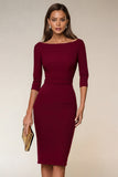Bodycon Navy Bateau Neck Short Work Dress With 3/4 Sleeves