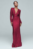 Gold Sheath Long Sleeve Maxi Evening Dress With Sequins