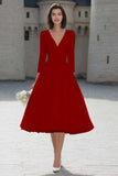 Ivory V-Neck A-Line Satin Engagement Dress With 3/4 Sleeves