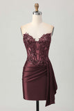 Strapless Bodycon Corset Appliqued Dark Green Homecoming Dress With Sash