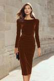 Pencil Velvet Long Sleeve Dark Green Work Dress