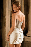 Grey Silver Strapless Beaded Satin Corset Mini Dress