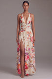 Halter Black A Line Printed Ruched Formal Dress