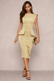 Navy Bodycon Round Neck Midi Work Dress with Slit