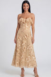 Strapless Ruffled A Line Floral Appliqued Yellow Wedding Guest Dress