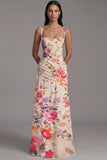 Ivory Ruched A Line Printed Maxi Formal Dress