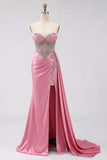 Sweetheart Mermaid Mint Green Beaded Satin Prom Dress With Slit