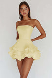 White Strapless A Line Tiered Satin Graduation Dress