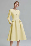 Ivory A-Line Round Neck Tweed Long Sleeve Work Dress