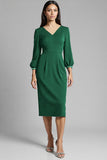 Navy V-Neck Sheath Midi Dress with 3/4 Sleeves