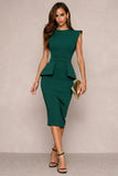 Navy Bodycon Round Neck Midi Work Dress with Slit