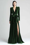 Dark Green Velvet Long Sleeve Formal Dress With Slit